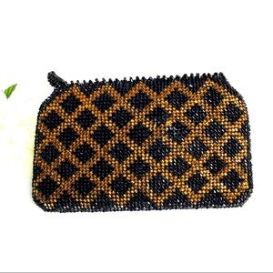 Beaded Bag Plaid Pattern Black Gold Evening Bag